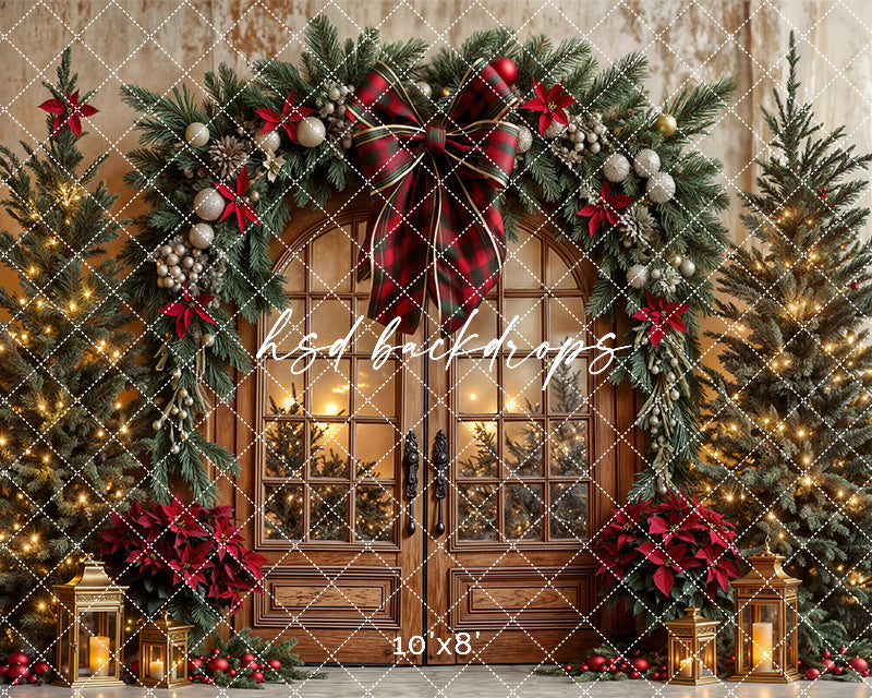 Plaid & Poinsettia Door * Christmas Photo Backdrop