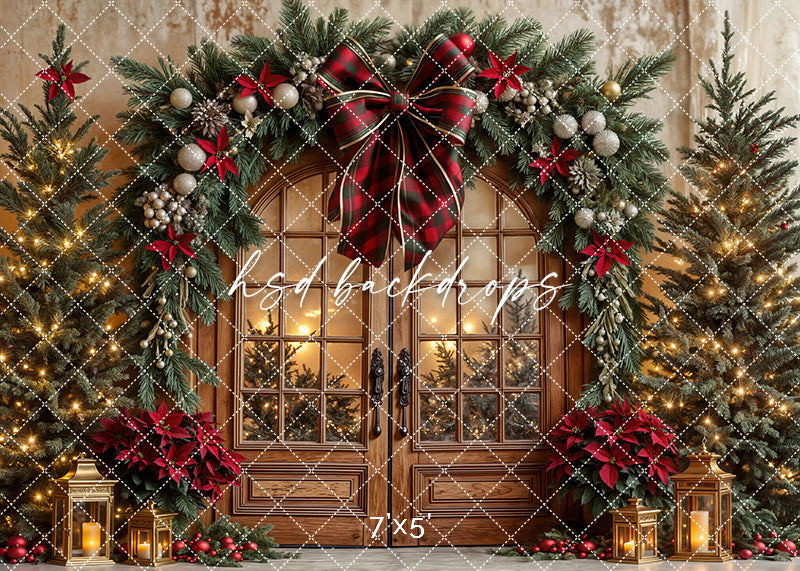 Plaid & Poinsettia Door * Christmas Photo Backdrop