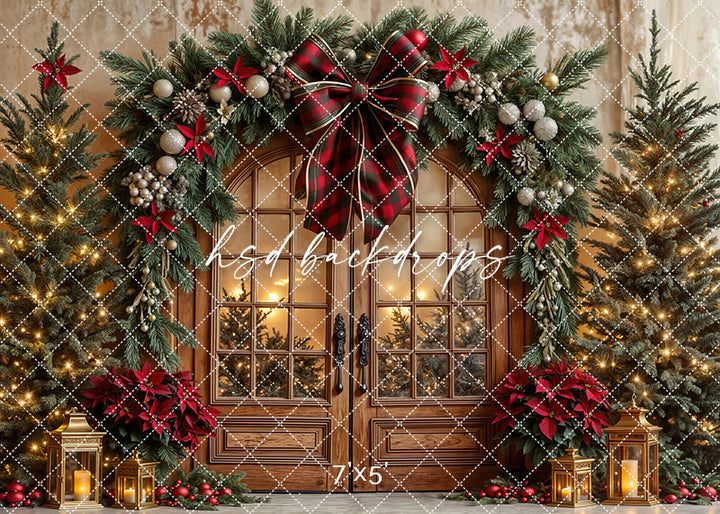 Plaid & Poinsettia Door * Christmas Photo Backdrop
