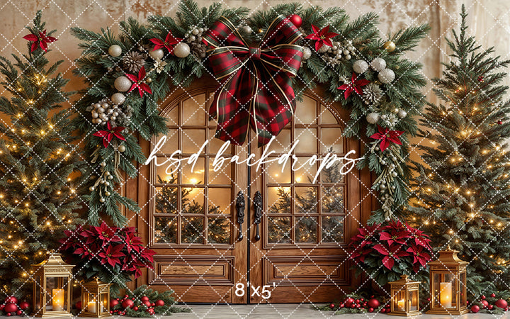 Plaid & Poinsettia Door * Christmas Photo Backdrop