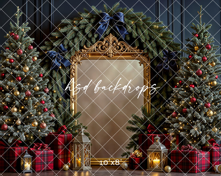 Navy Evergreen Gilded Frame * Christmas Photography Backdrop (sweep options)