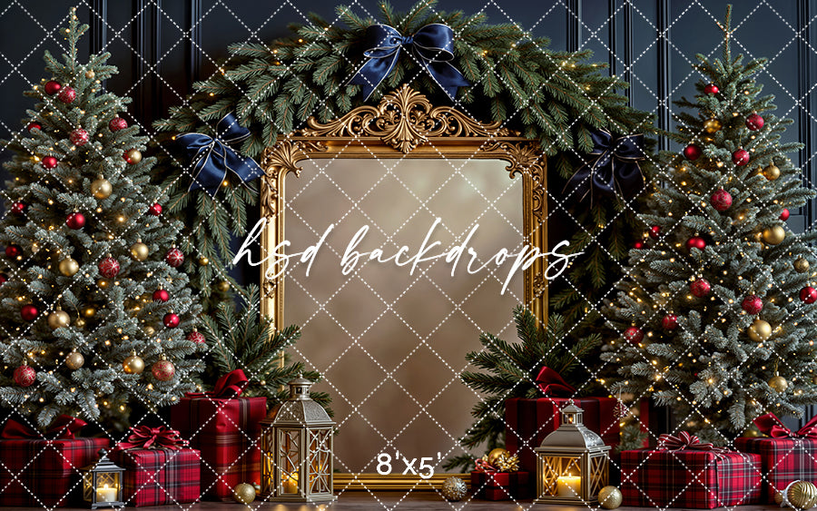 Navy Evergreen Gilded Frame * Christmas Photography Backdrop (sweep options)