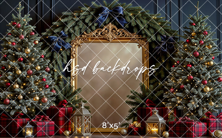 Navy Evergreen Gilded Frame * Christmas Photography Backdrop (sweep options)