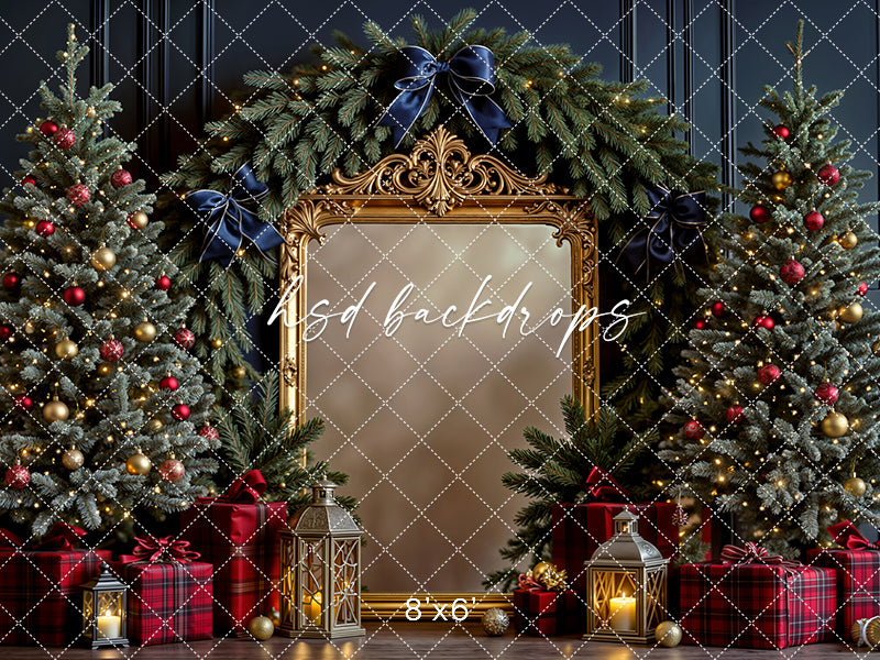 Navy Evergreen Gilded Frame * Christmas Photography Backdrop (sweep options)