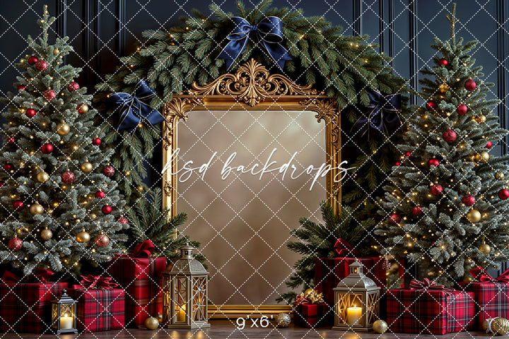 Navy Evergreen Gilded Frame * Christmas Photography Backdrop (sweep options)