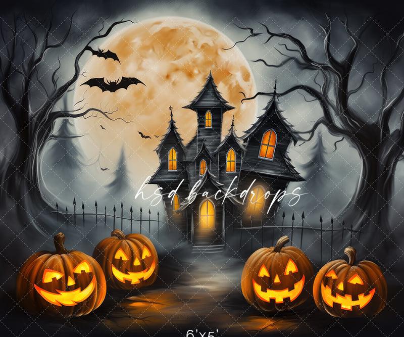 Spooky Halloween Photo Backdrop of a Haunted House