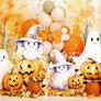 Cute Halloween Photo Backdrop with Pumpkins and Ghosts for Cake Smash