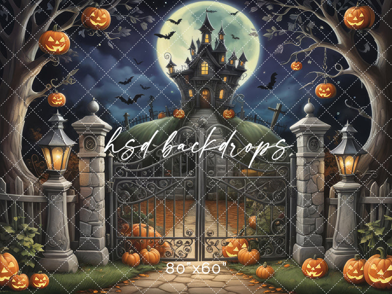 Haunted Mansion on the Hill Halloween Photography Backdrop