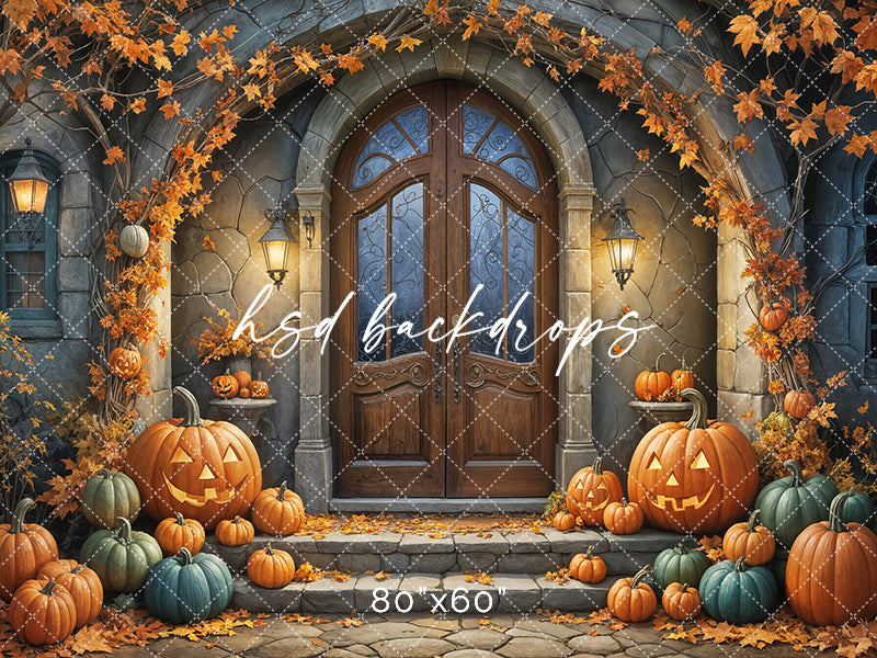 Arched Autumn Porch Halloween Themed Photo Backdrop