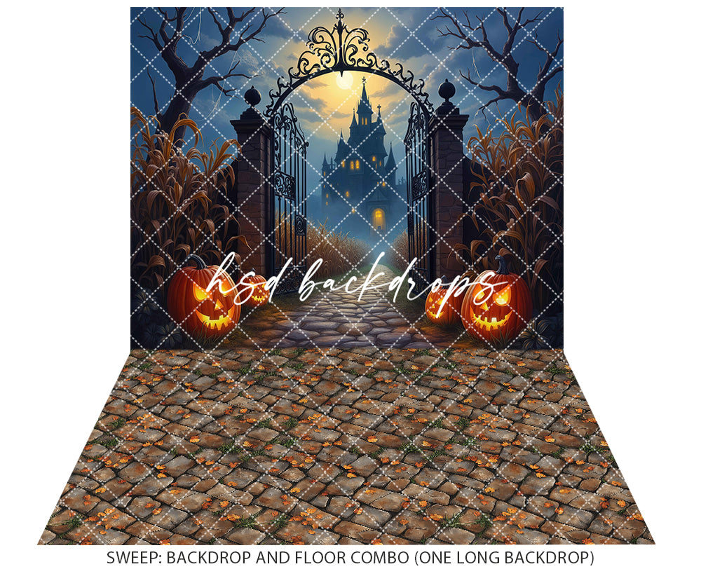 Pumpkin Hollow Gate Haunted House Photo Backdrop (sweep options)