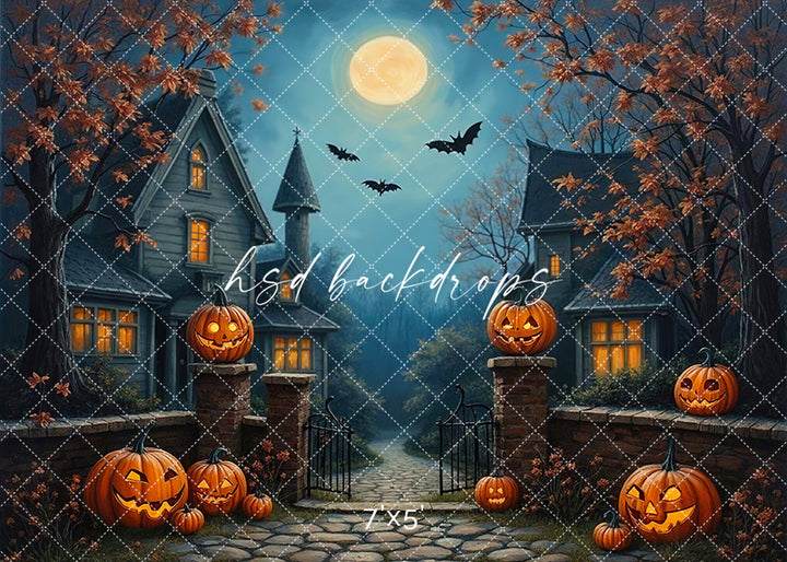 Halloween manor backdrop with glowing pumpkins, bats, and a full moon