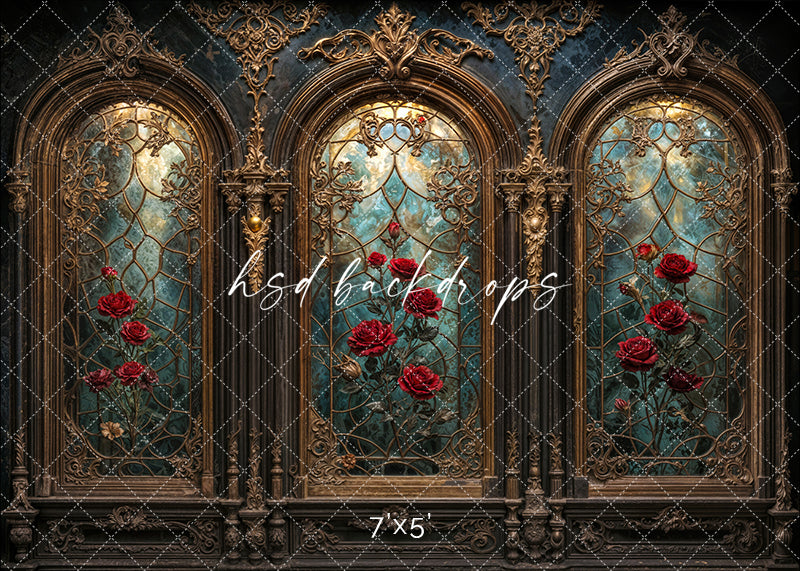 Gothic stained glass backdrop with red roses and gold-trimmed arched windows for photography.