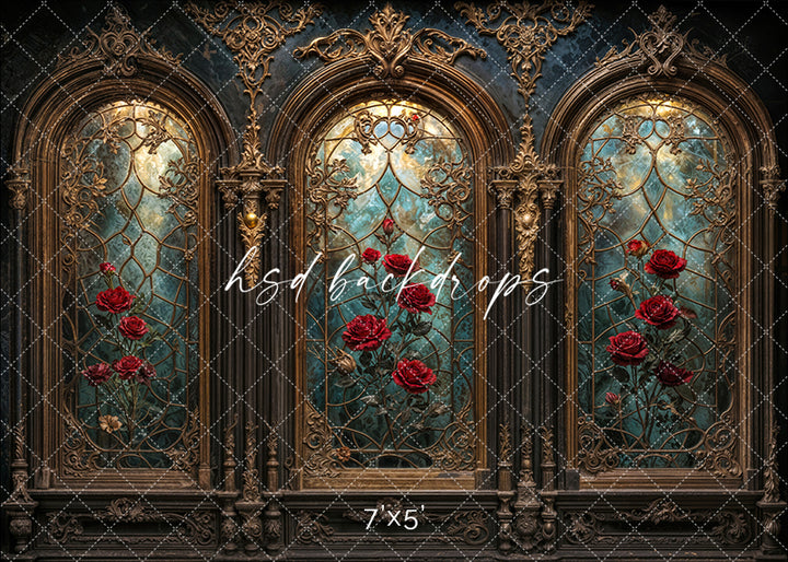 Gothic stained glass backdrop with red roses and gold-trimmed arched windows for photography.