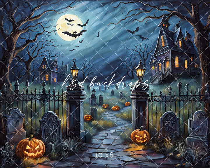 Moonlit Manor Gate Haunted Halloween Photo Backdrop
