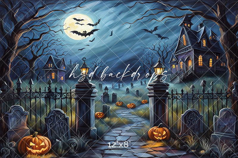 Moonlit Manor Gate Haunted Halloween Photo Backdrop