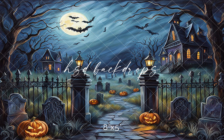 Moonlit Manor Gate Haunted Halloween Photo Backdrop