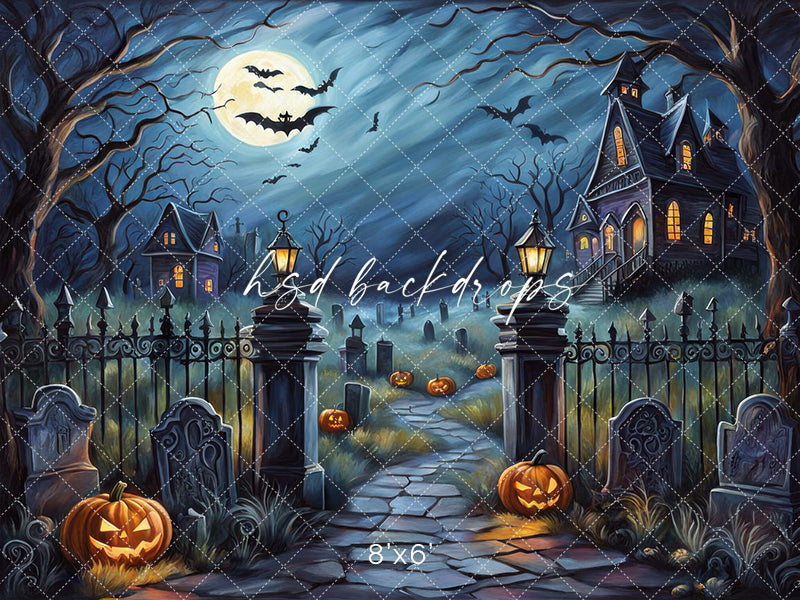 Moonlit Manor Gate Haunted Halloween Photo Backdrop