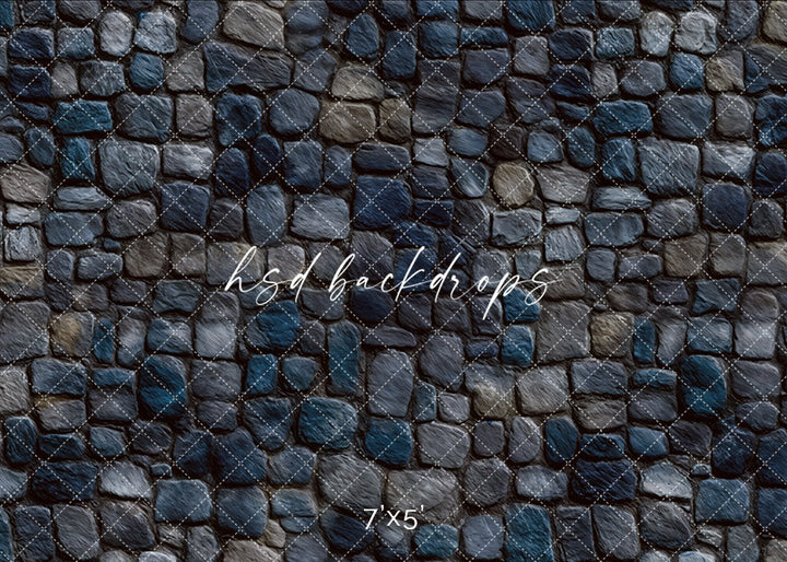 Dark cobblestone photography floor mat with slate blue and gray stones, perfect for moody or fantasy themes.