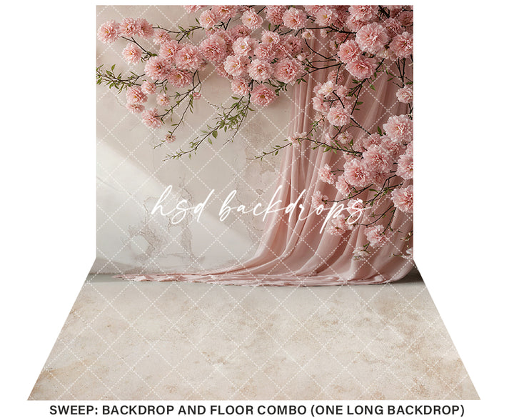 Hanging Pink Floral Draped Chiffon (sweep options) - HSD Photography Backdrops