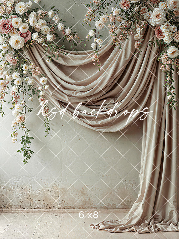 Floral Beige Draped Fabric (sweep options) - HSD Photography Backdrops