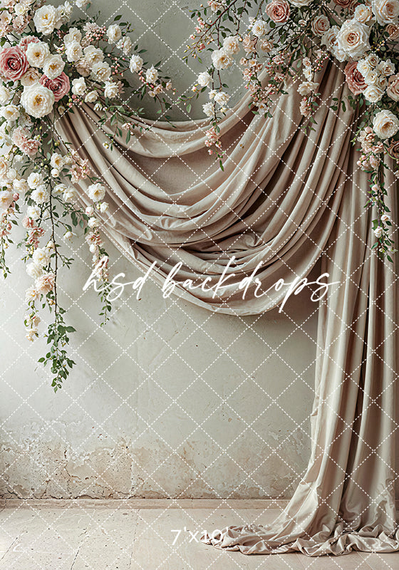 Floral Beige Draped Fabric (sweep options) - HSD Photography Backdrops