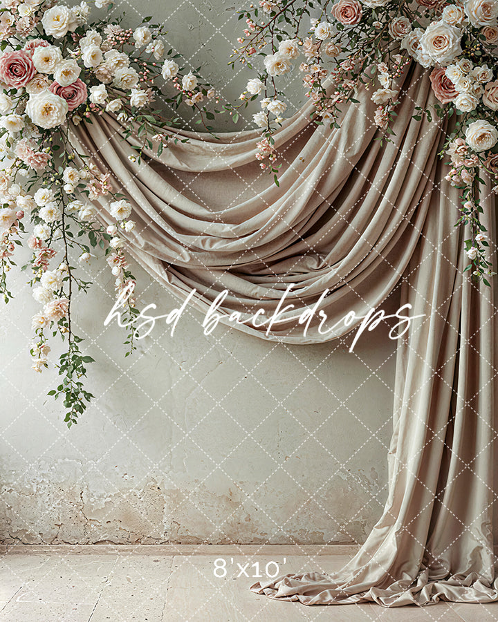 Floral Beige Draped Fabric (sweep options) - HSD Photography Backdrops
