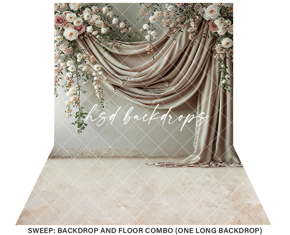 Floral Beige Draped Fabric (sweep options) - HSD Photography Backdrops