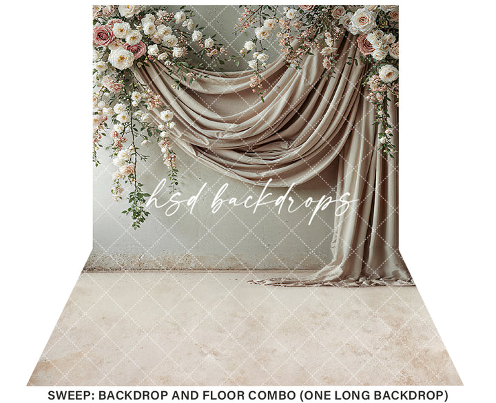 Floral Beige Draped Fabric (sweep options) - HSD Photography Backdrops
