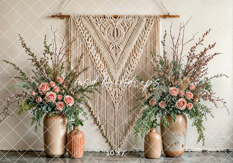 Boho Macrame Wall - Large Pink Blooms - HSD Photography Backdrops