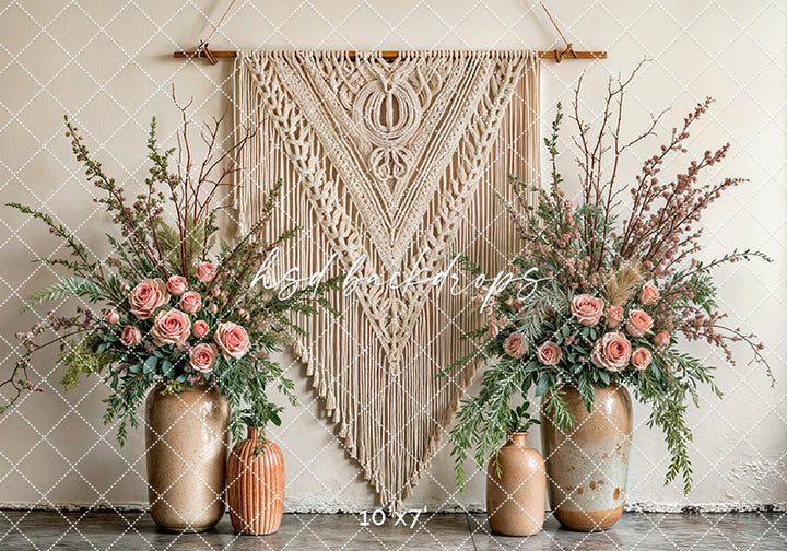 Boho Macrame Wall - Large Pink Blooms - HSD Photography Backdrops