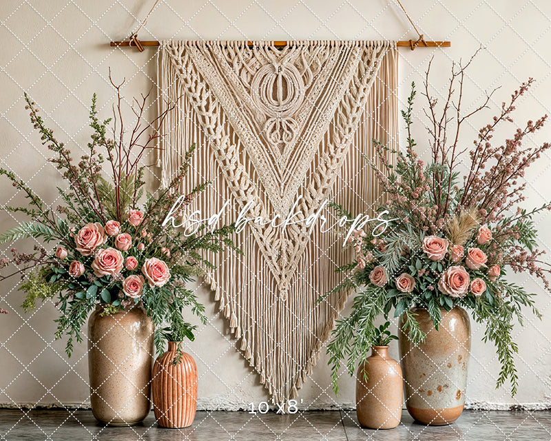 Boho Macrame Wall - Large Pink Blooms - HSD Photography Backdrops