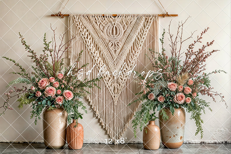 Boho Macrame Wall - Large Pink Blooms - HSD Photography Backdrops