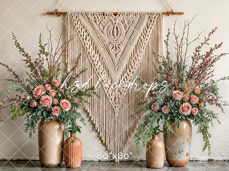 Boho Macrame Wall - Large Pink Blooms - HSD Photography Backdrops