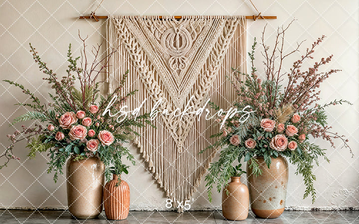 Boho Macrame Wall - Large Pink Blooms - HSD Photography Backdrops