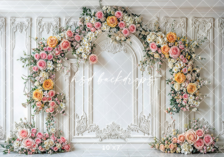 Elegant Pink & Yellow Floral Arch Wall - HSD Photography Backdrops