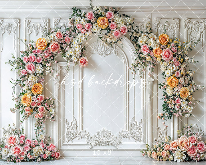 Elegant Pink & Yellow Floral Arch Wall - HSD Photography Backdrops