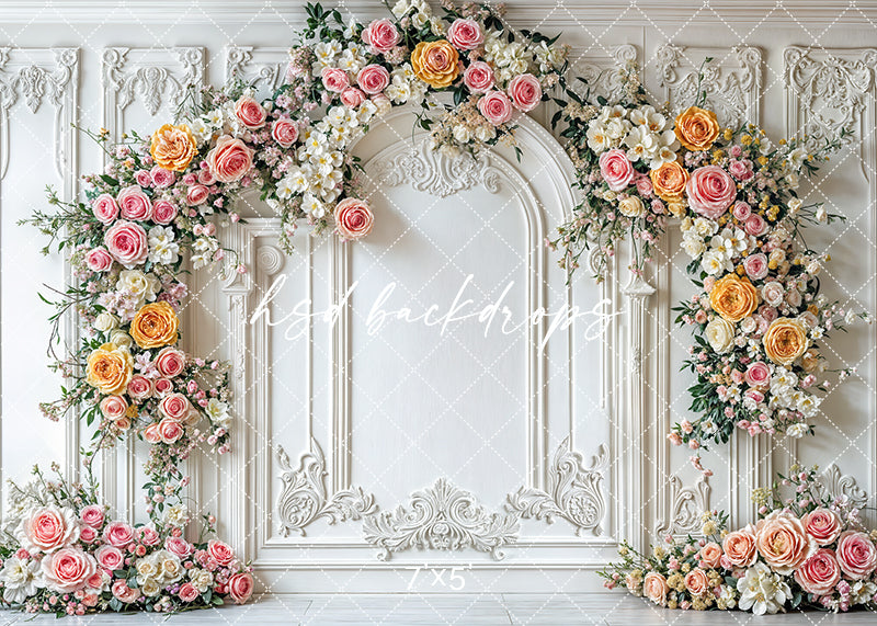 Elegant Pink & Yellow Floral Arch Wall - HSD Photography Backdrops