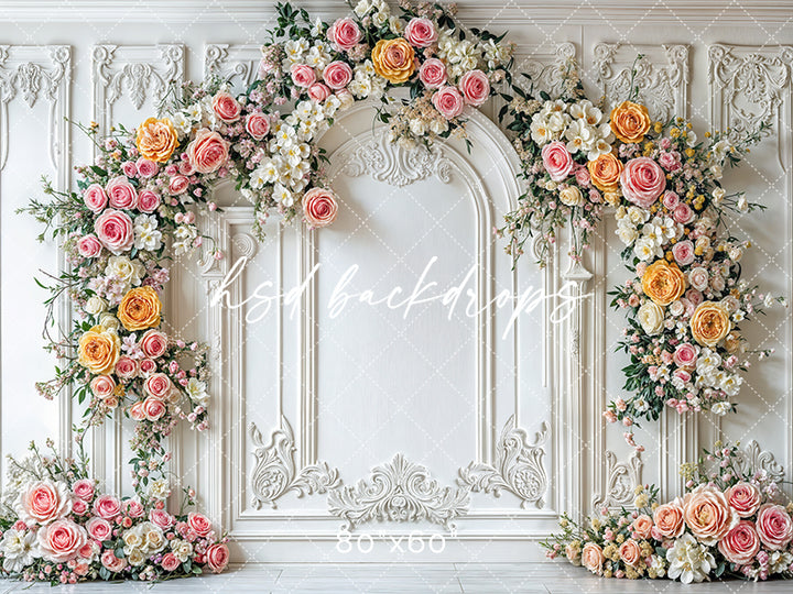 Elegant Pink & Yellow Floral Arch Wall - HSD Photography Backdrops
