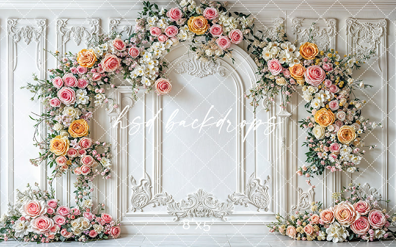 Elegant Pink & Yellow Floral Arch Wall - HSD Photography Backdrops