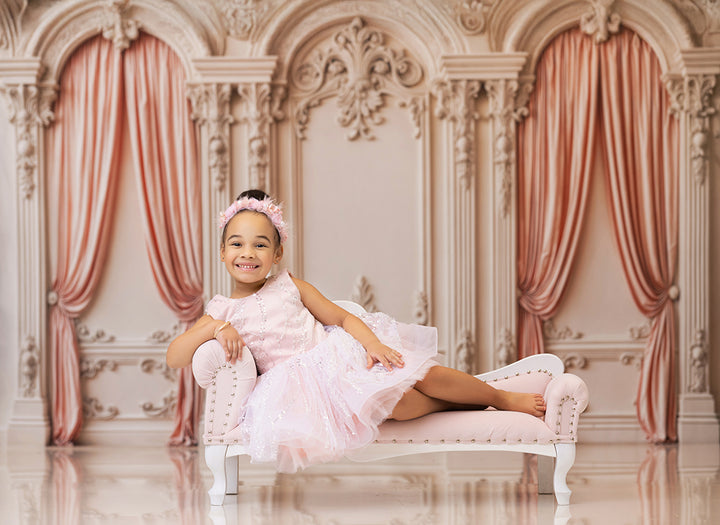 Pink Curtain Baroque White Wall - HSD Photography Backdrops