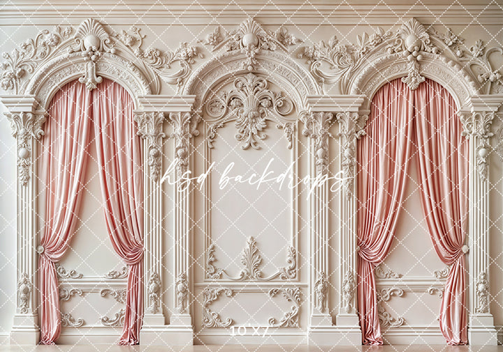 Pink Curtain Baroque White Wall - HSD Photography Backdrops
