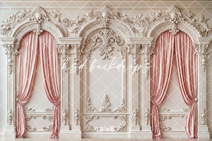 Pink Curtain Baroque White Wall - HSD Photography Backdrops