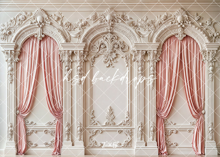 Pink Curtain Baroque White Wall - HSD Photography Backdrops
