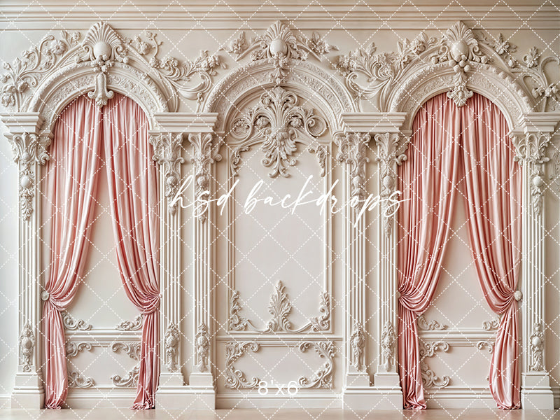 Pink Curtain Baroque White Wall - HSD Photography Backdrops