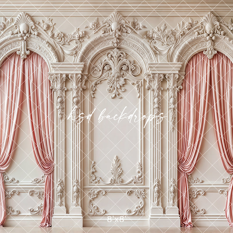 Pink Curtain Baroque White Wall - HSD Photography Backdrops