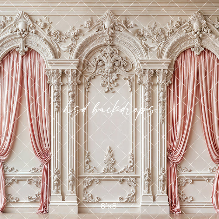 Pink Curtain Baroque White Wall - HSD Photography Backdrops