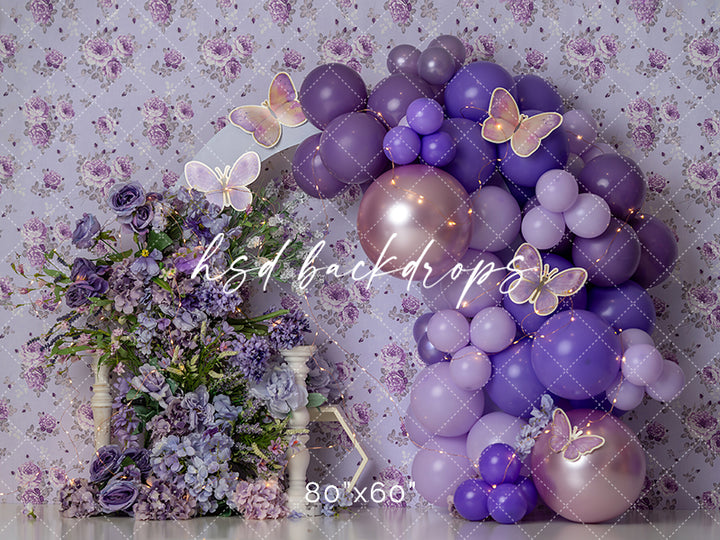 Purple Floral Balloon with Butterflies Backdrop for Cake Smash Photos