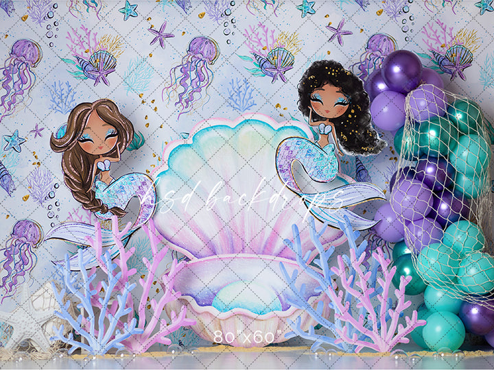 Happy Mermaids Birthday Backdrop for Cake Smash Photos