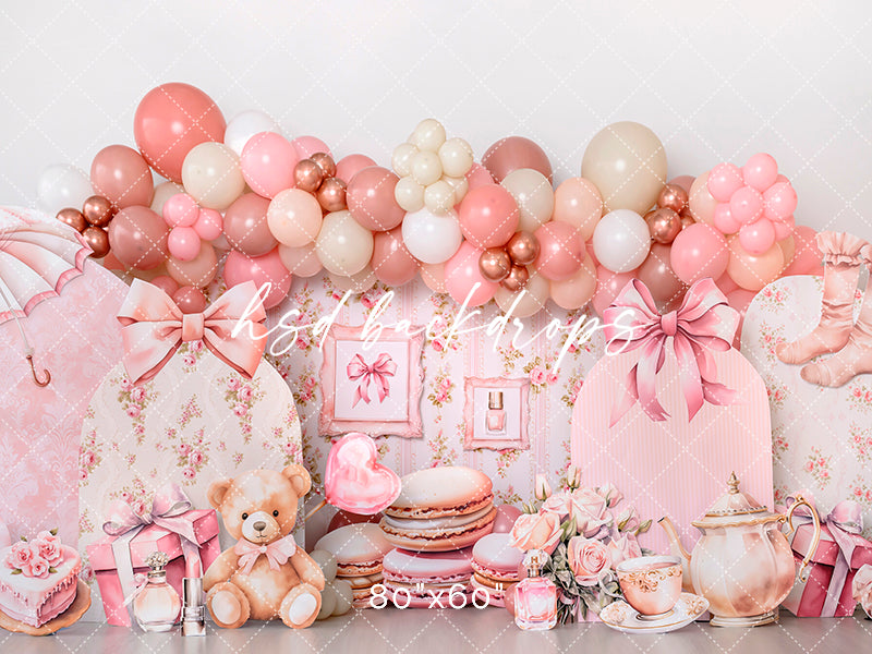 Cute Pink Tea Party Coquette Cake Smash Backdrop for Pictures