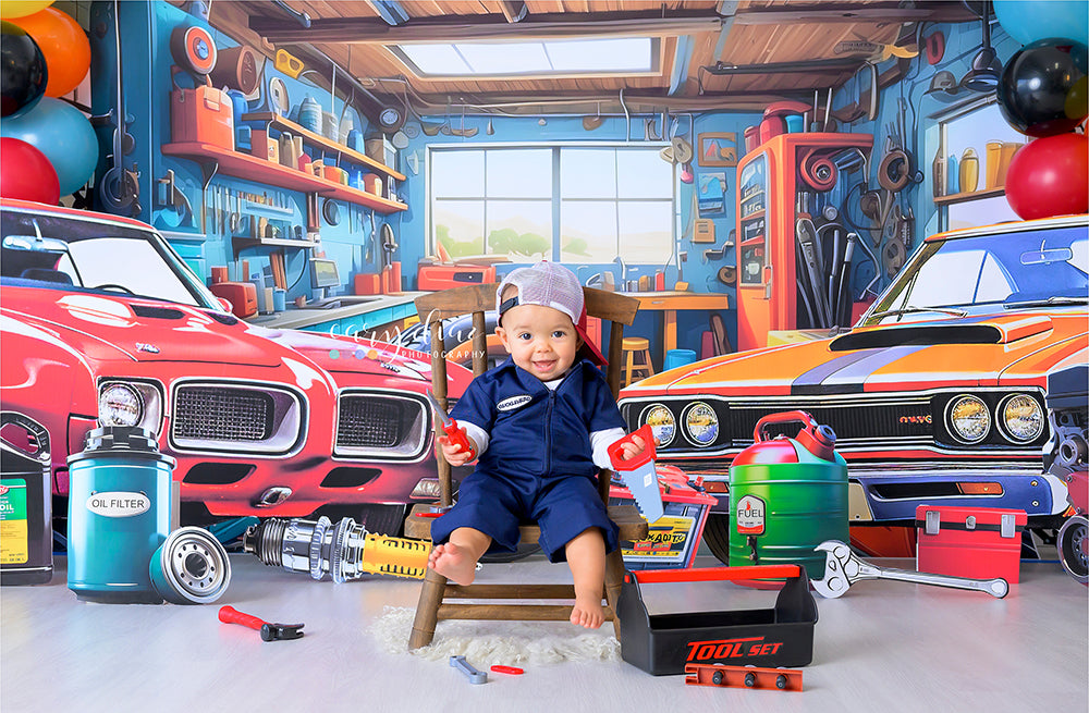 Mechanic Cake Smash Backdrop - HSD Photography Backdrops